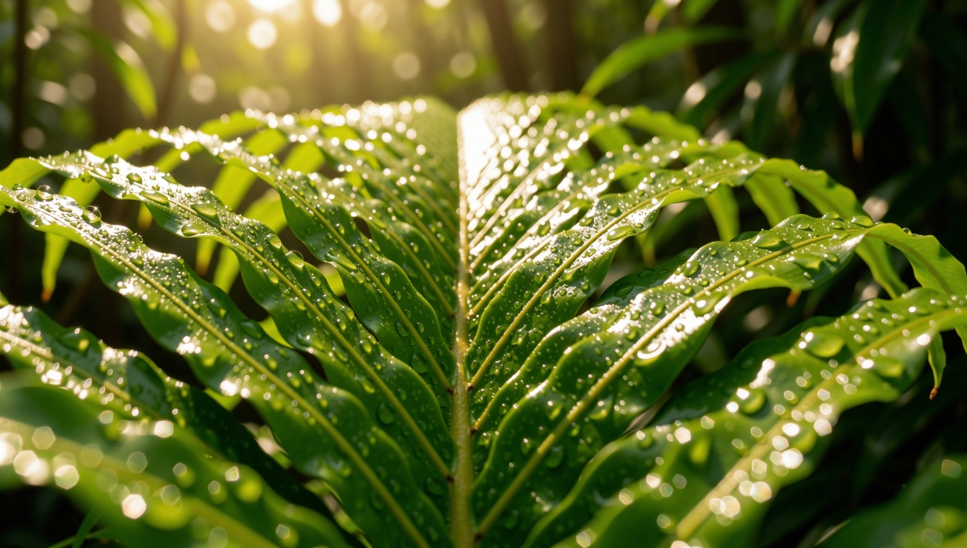 Dewy tropical foliage representing vitality